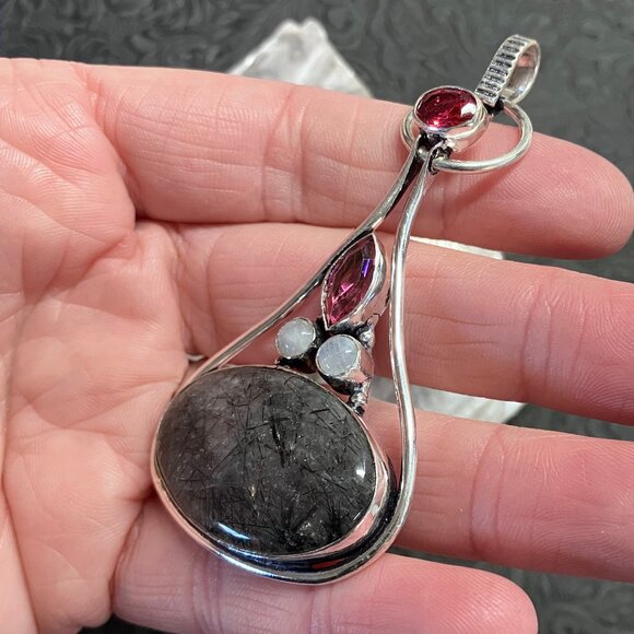 Tourmalinated Quartz Rainbow Moonstone and Pink Gems Pendant - Picture 4 of 7